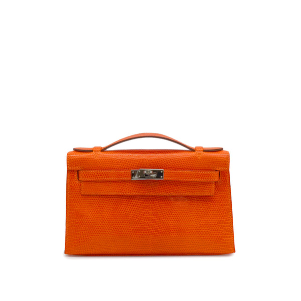 HERMES KELLY POCHETTE SELLIER TANGERINE LIZARD HAND BAG 2005 SQUARE I RUTHENIUM HARDWARE 90344360