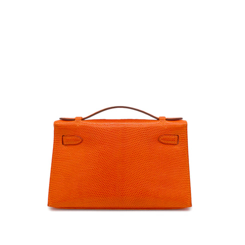 HERMES KELLY POCHETTE SELLIER TANGERINE LIZARD HAND BAG 2005 SQUARE I RUTHENIUM HARDWARE 90344360