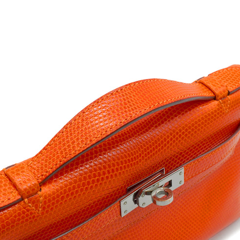HERMES KELLY POCHETTE SELLIER TANGERINE LIZARD HAND BAG 2005 SQUARE I RUTHENIUM HARDWARE 90344360