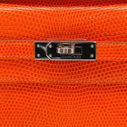 HERMES KELLY POCHETTE SELLIER TANGERINE LIZARD HAND BAG 2005 SQUARE I RUTHENIUM HARDWARE 90344360