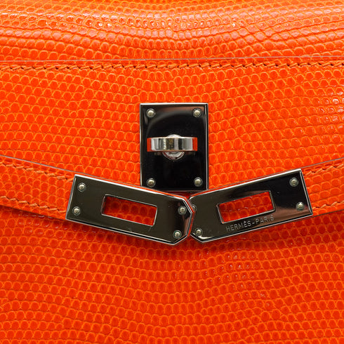 HERMES KELLY POCHETTE SELLIER TANGERINE LIZARD HAND BAG 2005 SQUARE I RUTHENIUM HARDWARE 90344360