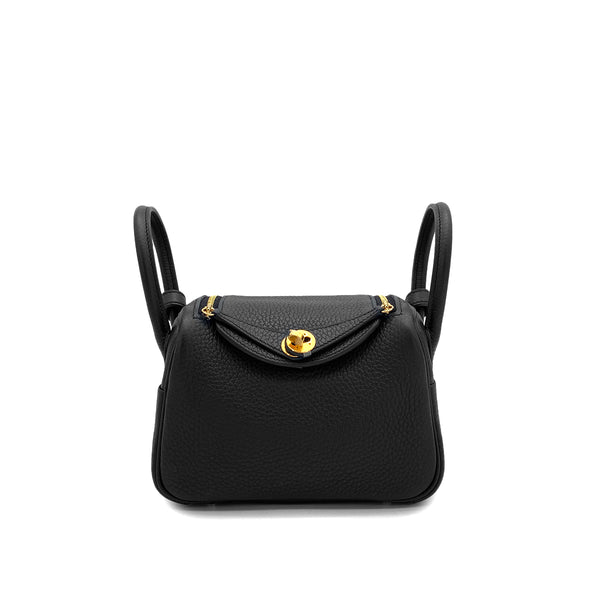 HERMES LINDY MINI BLACK TAURILLON CLEMENCE SHOULDER BAG 2025 K STAMP GOLD HARDWARE 90327289
