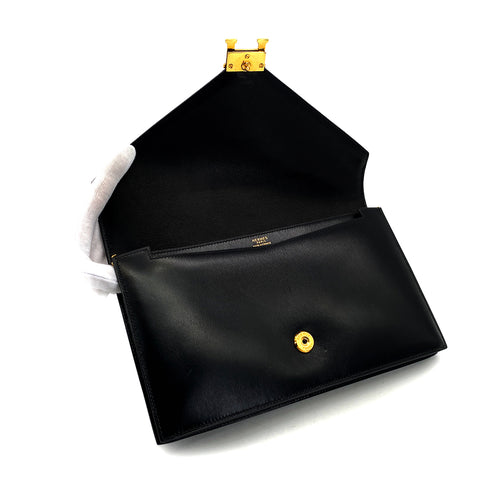 HERMES LYDIE BLACK BOXCALF CLUTCH SHOULDER BAG 1979 CIRCLE I GOLD HARDWARE 90321628