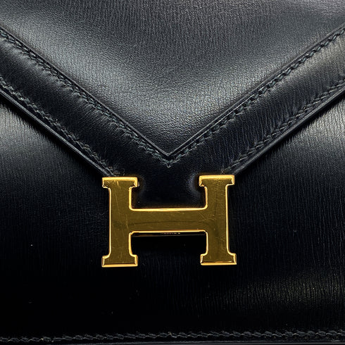 HERMES LYDIE BLACK BOXCALF CLUTCH SHOULDER BAG 1979 CIRCLE I GOLD HARDWARE 90321628