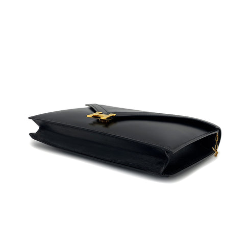 HERMES LYDIE BLACK BOXCALF CLUTCH SHOULDER BAG 1979 CIRCLE I GOLD HARDWARE 90321628