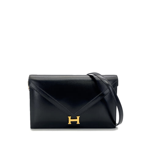 HERMES LYDIE BLACK BOXCALF CLUTCH SHOULDER BAG 1979 CIRCLE I GOLD HARDWARE 90321628
