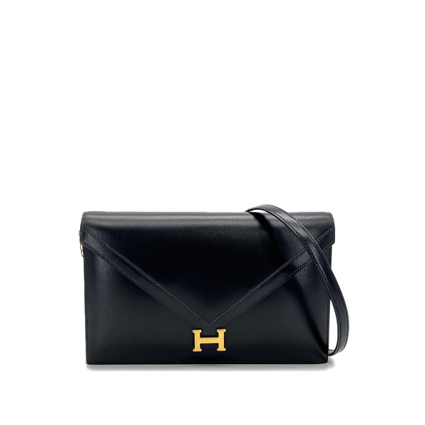 HERMES LYDIE BLACK BOXCALF CLUTCH SHOULDER BAG 1979 CIRCLE I GOLD HARDWARE 90321628