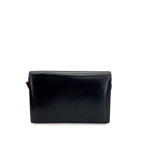 HERMES LYDIE BLACK BOXCALF CLUTCH SHOULDER BAG 1984 CIRCLE N GOLD HARDWARE 90321146