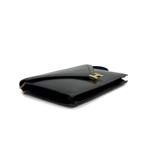 HERMES LYDIE BLACK BOXCALF CLUTCH SHOULDER BAG 1985 CIRCLE O GOLD HARDWARE 90319684