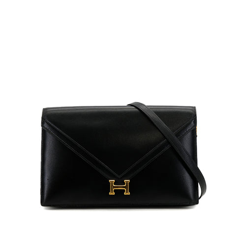 HERMES LYDIE BLACK BOXCALF CLUTCH SHOULDER BAG 1985 CIRCLE O GOLD HARDWARE 90319684