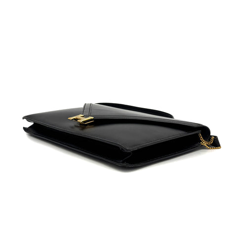HERMES LYDIE BLACK BOXCALF CLUTCH SHOULDER BAG 1985 CIRCLE O GOLD HARDWARE 90319684