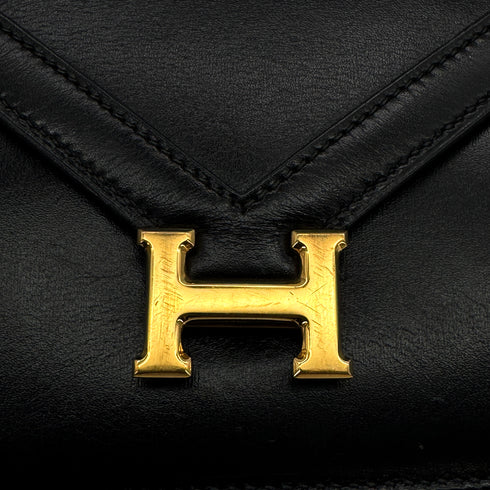 HERMES LYDIE BLACK BOXCALF CLUTCH SHOULDER BAG 1985 CIRCLE O GOLD HARDWARE 90319684