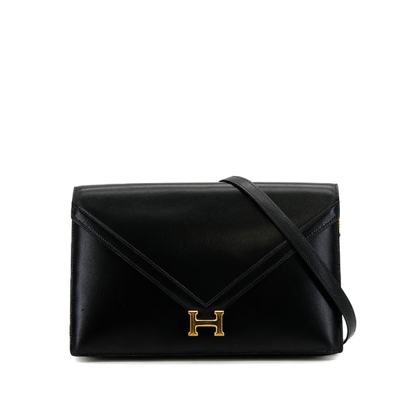 HERMES LYDIE BLACK BOXCALF CLUTCH SHOULDER BAG 1985 CIRCLE O GOLD HARDWARE 90319684