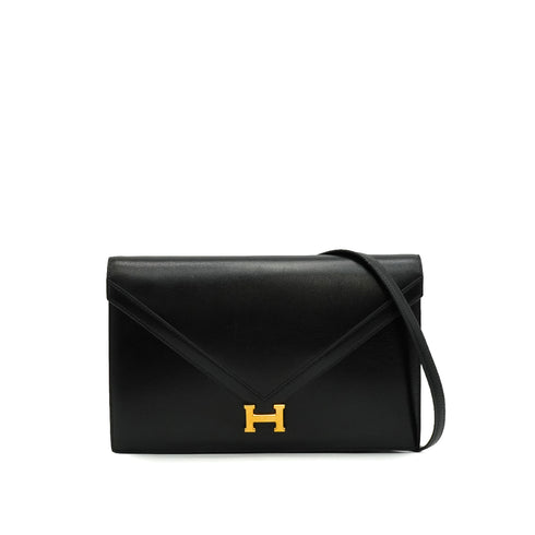 HERMES LYDIE BLACK BOX CALF CLUTCH SHOULDER BAG 1987 CIRCLE Q GOLD HARDWEAR 90341425