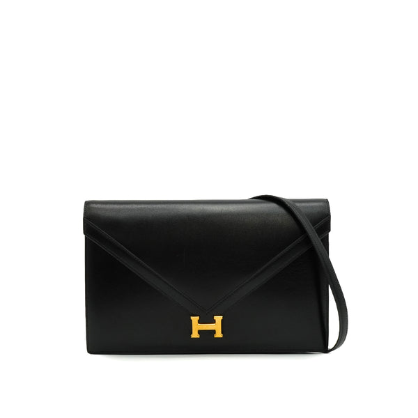 HERMES LYDIE BLACK BOX CALF CLUTCH SHOULDER BAG 1987 CIRCLE Q GOLD HARDWEAR 90341425