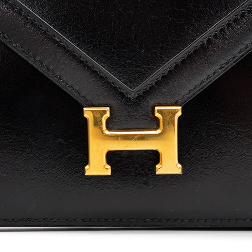 HERMES LYDIE BLACK BOX CALF CLUTCH SHOULDER BAG 1987 CIRCLE Q GOLD HARDWEAR 90341425