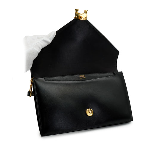 HERMES LYDIE BLACK BOX CALF CLUTCH SHOULDER BAG 1987 CIRCLE Q GOLD HARDWEAR 90341425