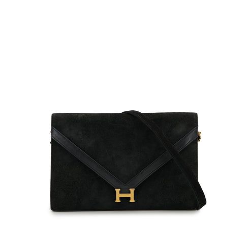 HERMES LYDIE BLACK DOBLIS CLUTCH SHOULDER BAG 1976 CIRCLE F GOLD HARDWARE 90325346