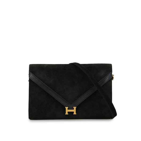 HERMES LYDIE BLACK DOBLIS CLUTCH SHOULDER BAG 1976 CIRCLE F GOLD HARDWARE 90325346