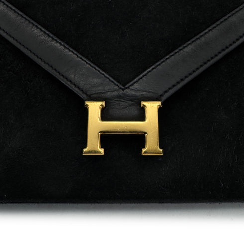 HERMES LYDIE BLACK DOBLIS CLUTCH SHOULDER BAG 1976 CIRCLE F GOLD HARDWARE 90325346