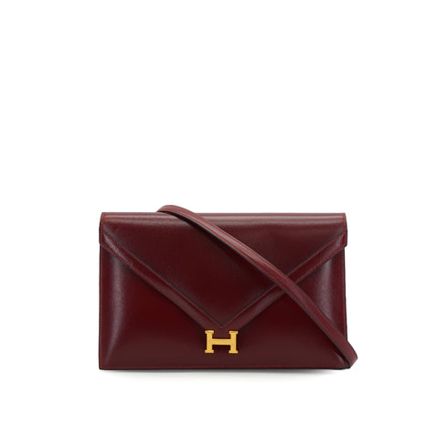 HERMES LYDIE ROUGE H BOX CALF CLUTCH SHOULDER BAG 1985 CIRCLE O GOLD HARDWARE 90335792