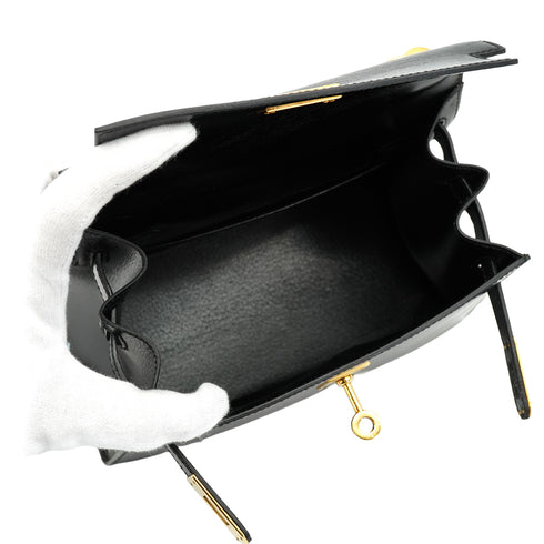 HERMES MINI KELLY 20 SELLIER BLACK BOX CALF SHOULDER BAG 1973 CIRCLE C GOLD HARDWARE 90331863