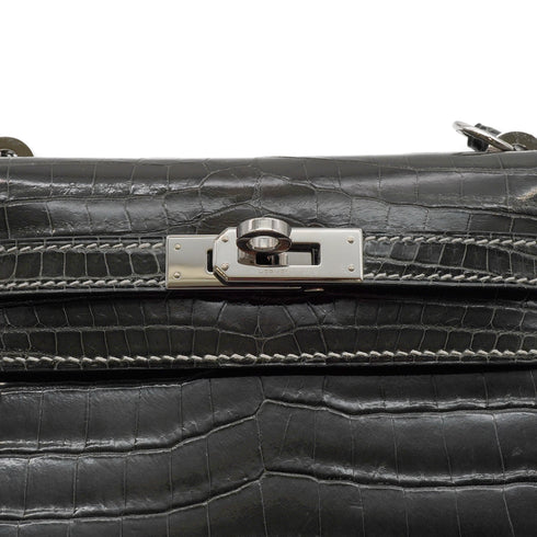 HERMES MINI KELLY 20 SELLIER GRAPHITE CROCODILE NILOTICUS SHOULDER BAG 2008 SQUARE L PALLADIUM HARDWARE 90351047