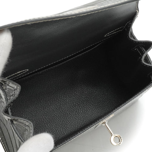 HERMES MINI KELLY 20 SELLIER GRAPHITE CROCODILE NILOTICUS SHOULDER BAG 2008 SQUARE L PALLADIUM HARDWARE 90351047