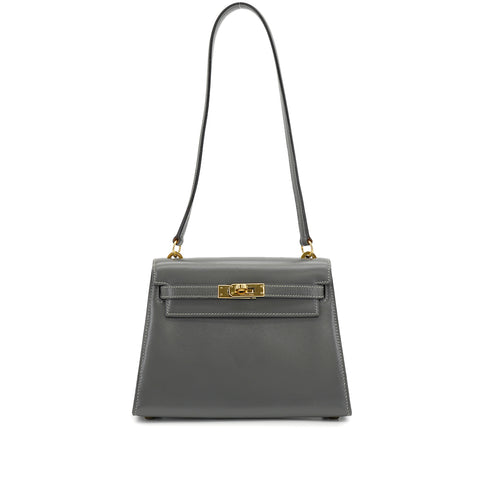 HERMES MINI KELLY 20 SELLIER GRAY BOX CALF SHOULDER BAG 1985 CIRCLE O GOLD HARDWARE 90330701