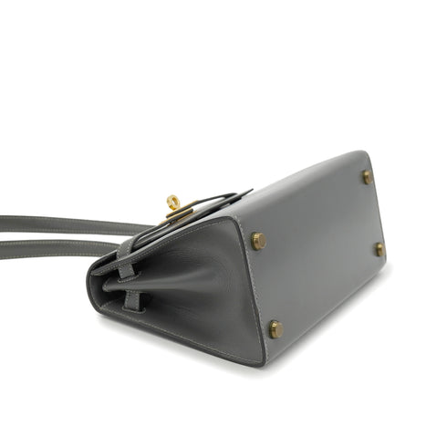 HERMES MINI KELLY 20 SELLIER GRAY BOX CALF SHOULDER BAG 1985 CIRCLE O GOLD HARDWARE 90330701