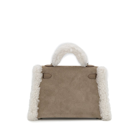 HERMES MINI KELLY 20 TEDDY PLUCH GRIS CAILLOU ECRU ETOUPE GRIZZLY MOUTON VEAU SWIFT HAND SHOULDER BAG 2025 K STAMP PALLADIUM HARDWARE 90318739