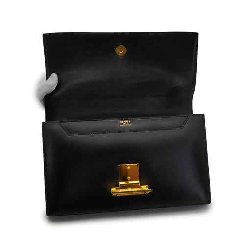 HERMES MODERNIST BLACK BOX CALF HAND BAG 1973 CIRCLE C GOLD HARDWARE 90351079