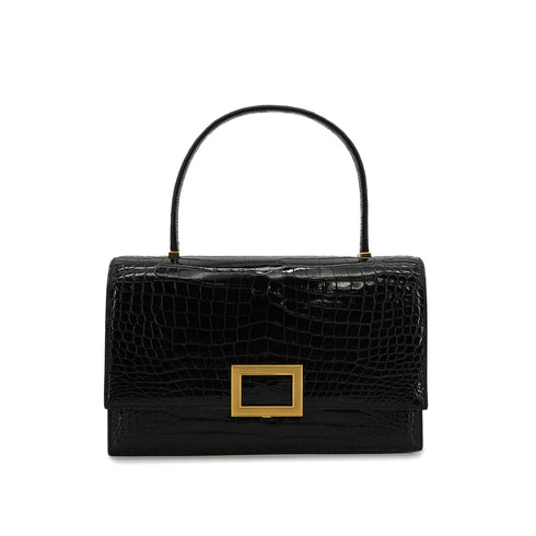 HERMES MODERNIST BLACK CROCODILE ALLIGATOR HAND BAG 1973 CIRCLE C GOLD HARDWARE 90335576