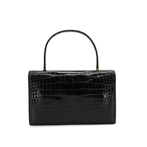 HERMES MODERNIST BLACK CROCODILE ALLIGATOR HAND BAG 1973 CIRCLE C GOLD HARDWARE 90335576