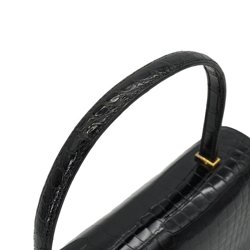 HERMES MODERNIST BLACK CROCODILE ALLIGATOR HAND BAG 1973 CIRCLE C GOLD HARDWARE 90335576