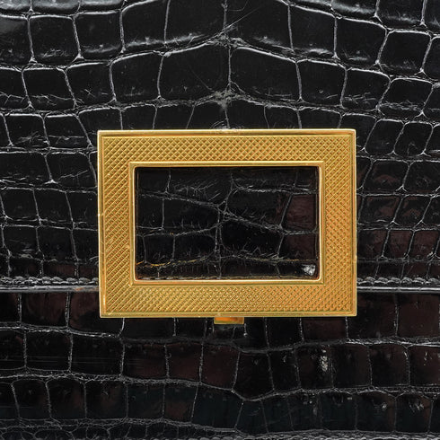 HERMES MODERNIST BLACK CROCODILE ALLIGATOR HAND BAG 1973 CIRCLE C GOLD HARDWARE 90335576