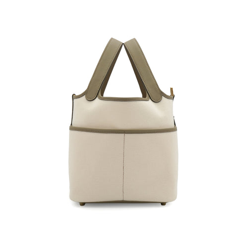 HERMES PICOTIN LOCK 18 PM CARGO POCKET ETOUPE BEIGE MARFA TOILE GOELAND VEAU SWIFT 2025 K STAMP GOLD HARDWARE 90339156