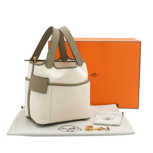 HERMES PICOTIN LOCK 18 PM CARGO POCKET ETOUPE BEIGE MARFA TOILE GOELAND VEAU SWIFT 2025 K STAMP GOLD HARDWARE 90339156