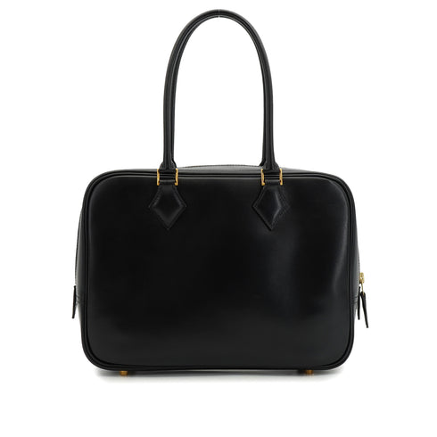HERMES PLUME 28 BLACK BOX CALF HAND BAG 2002 SQUARE F GOLD HARDWARE 90332922