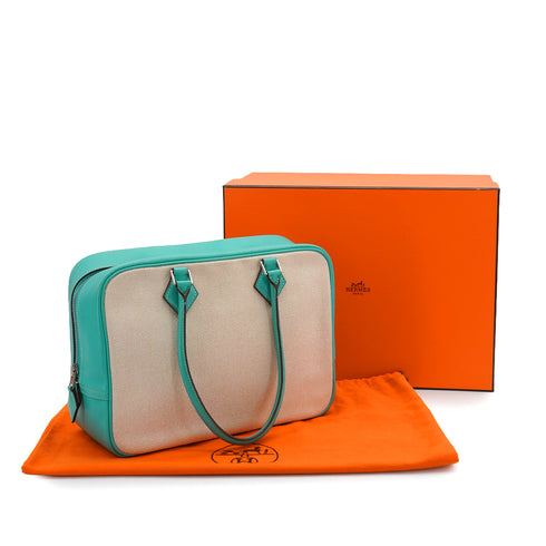 HERMES PLUME 28 LAGON TOILE H VEAU SWIFT HAND BAG 2008 SQUARE L PALLADIUM HARDWARE 90350367