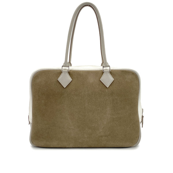 HERMES PLUME 32 TRICOLORE ETOUPE WHITE GRIS PERLE GRIZZLY DEBRIS TAURILLON CLEMENCE EVERCOLOR HAND BAG 2014 SQUARE R PALLADIUM HARDWARE 90319999