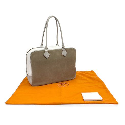 HERMES PLUME 32 TRICOLORE ETOUPE WHITE GRIS PERLE GRIZZLY DEBRIS TAURILLON CLEMENCE EVERCOLOR HAND BAG 2014 SQUARE R PALLADIUM HARDWARE 90319999