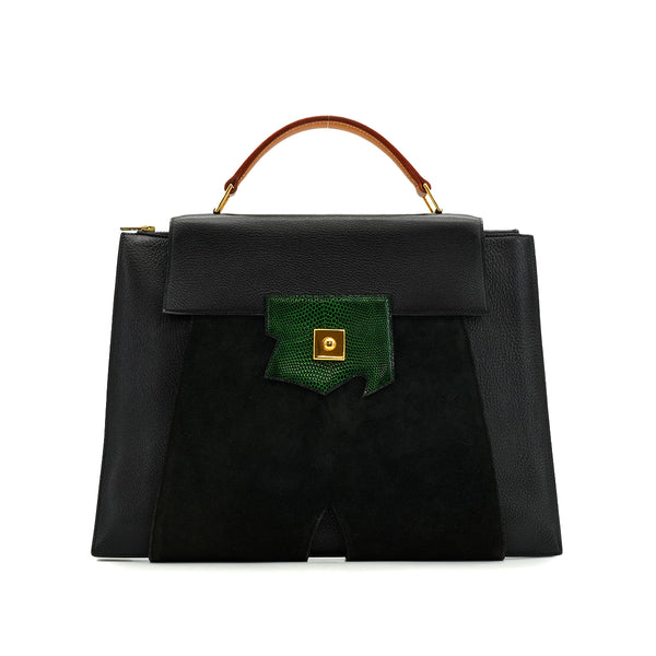 HERMES PRESIDENT BLACK GREEN DOBLIS LIZARD VEAU BARENIA HAND BAG 1989 CIRCLE S GOLD HARDWARE 90349378