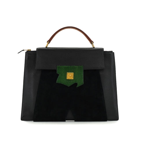 HERMES PRESIDENT BLACK GREEN DOBLIS LIZARD VEAU BARENIA HAND BAG 1988 CIRCLE R GOLD HARDWARE 90345058