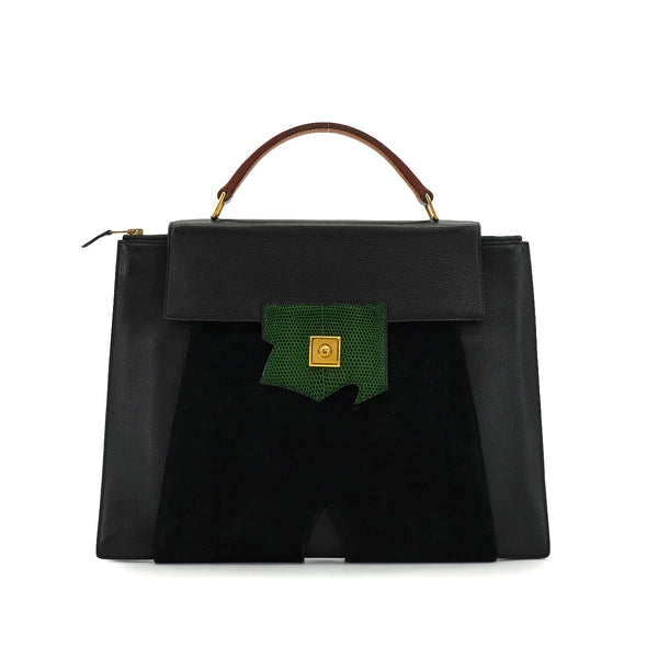 HERMES PRESIDENT BLACK GREEN DOBLIS LIZARD VEAU BARENIA HAND BAG 1988 CIRCLE R GOLD HARDWARE 90345058