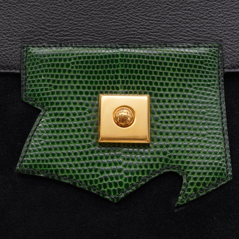 HERMES PRESIDENT BLACK GREEN DOBLIS LIZARD VEAU BARENIA HAND BAG 1988 CIRCLE R GOLD HARDWARE 90345058
