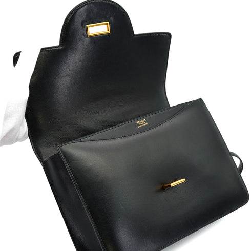 HERMES SANDRINE BLACK BOX CALF SHOULDER BAG 1978 CIRCLE H GOLD HARDWARE 90332563