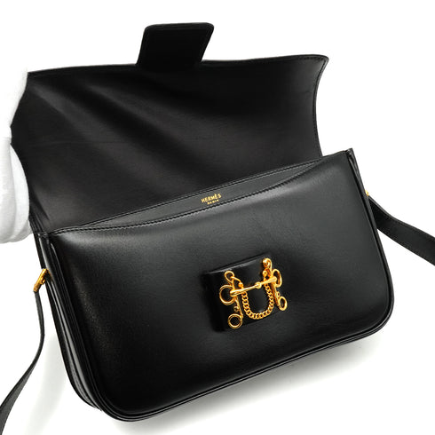 HERMES SOROGNE BLACK BOX CALF SHOULDER BAG 1988 CIRCLE R GOLD HARDWARE 90340911