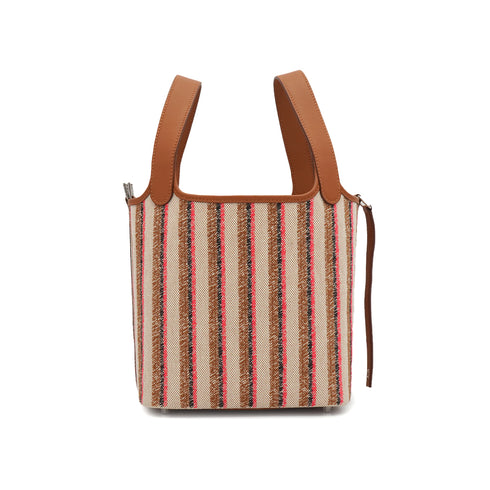 HERMES STRIPE PICOTIN LOCK 18 PM COUVERTURE GOLD ECRU SWIFT TOILE H 2024 W STAMP PALLADIUM HARDWARE 90339638