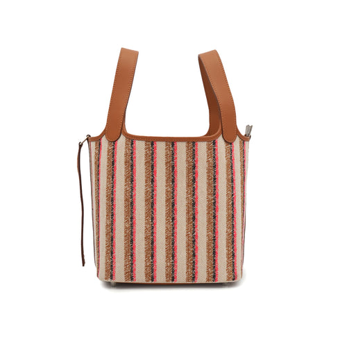 HERMES STRIPE PICOTIN LOCK 18 PM COUVERTURE GOLD ECRU SWIFT TOILE H 2024 W STAMP PALLADIUM HARDWARE 90339638